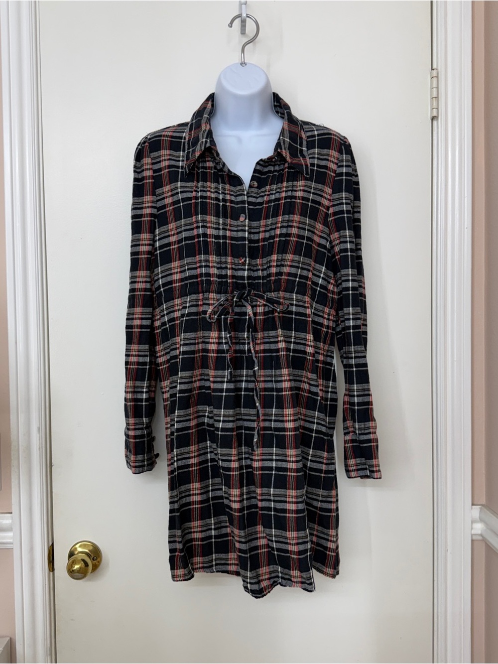 LA Made Plaid Flannel Shirt Dress Size M Long Sleeve Drawstring Waist